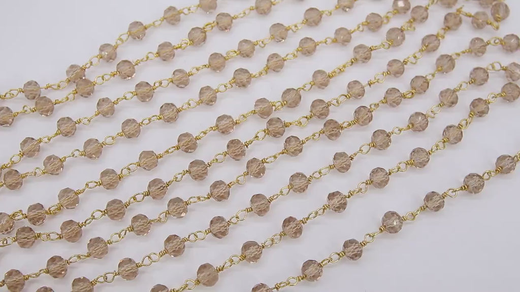 Smoky Gray  Chain, 6 mm Crystal Gold Beaded Chains CH #419, Faceted Light Beige Boho Jewelry