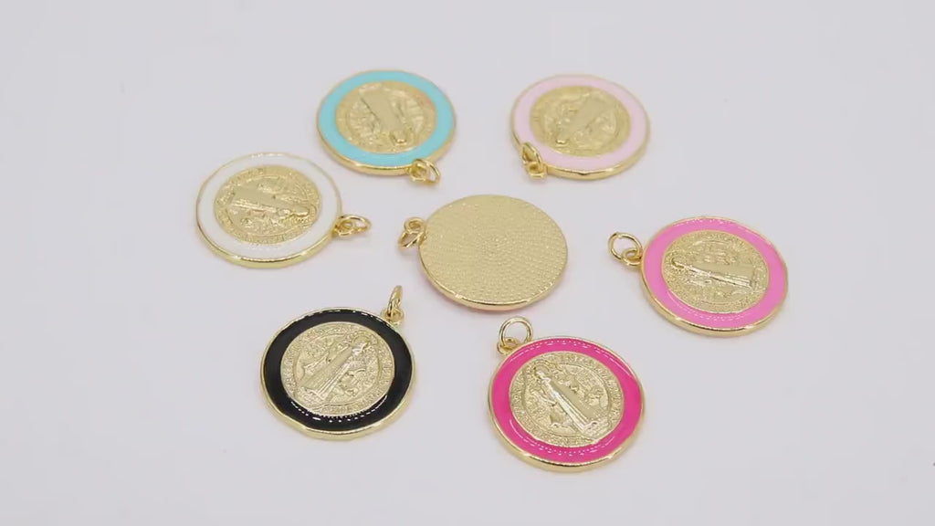 Gold Jesus Halo Religious Medal Charms, Enamel Mother Mary Medallion Medals #39, Aqua Blue Pink Black White Enamel