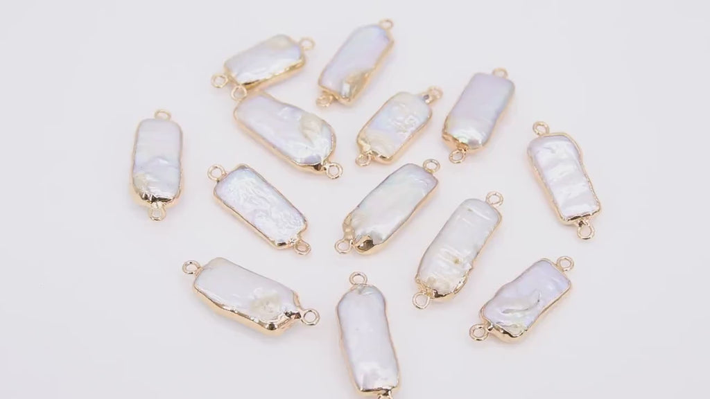 Freshwater Pearl Connectors, Gold Rectangle Two Loop White Charms #2625, Small Natural Shell Gold Edge Links
