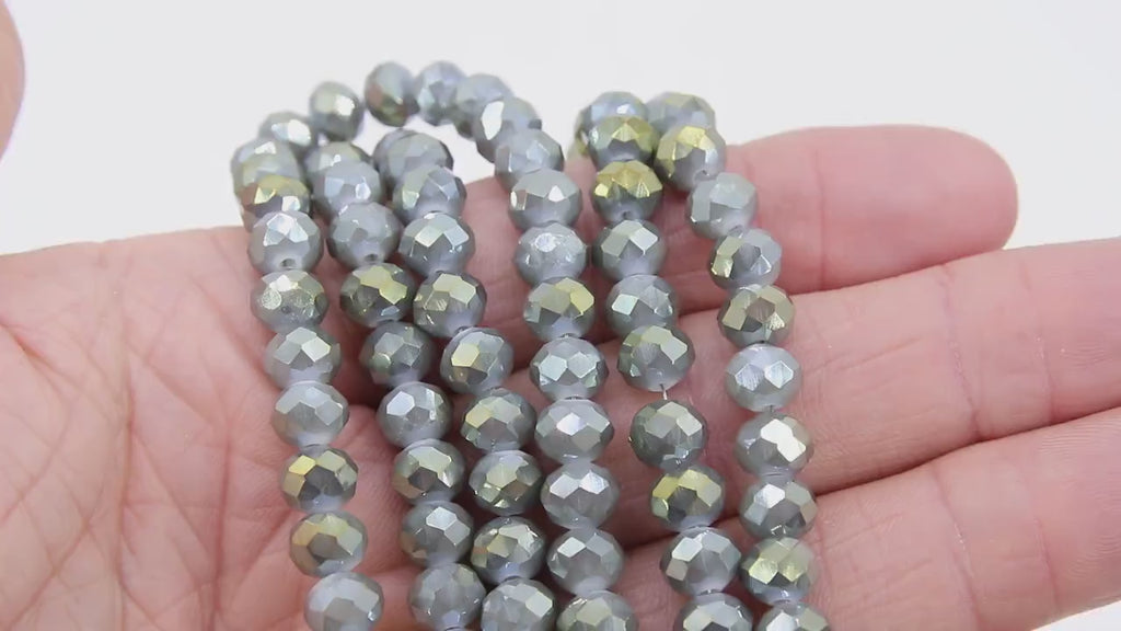 Mint Blue Crystal Beads, Faceted Gray Slate Gold AB Crystal Rondelle Jewelry Beads BS #213, sizes 8 x 6 mm 16.5 inch Strands