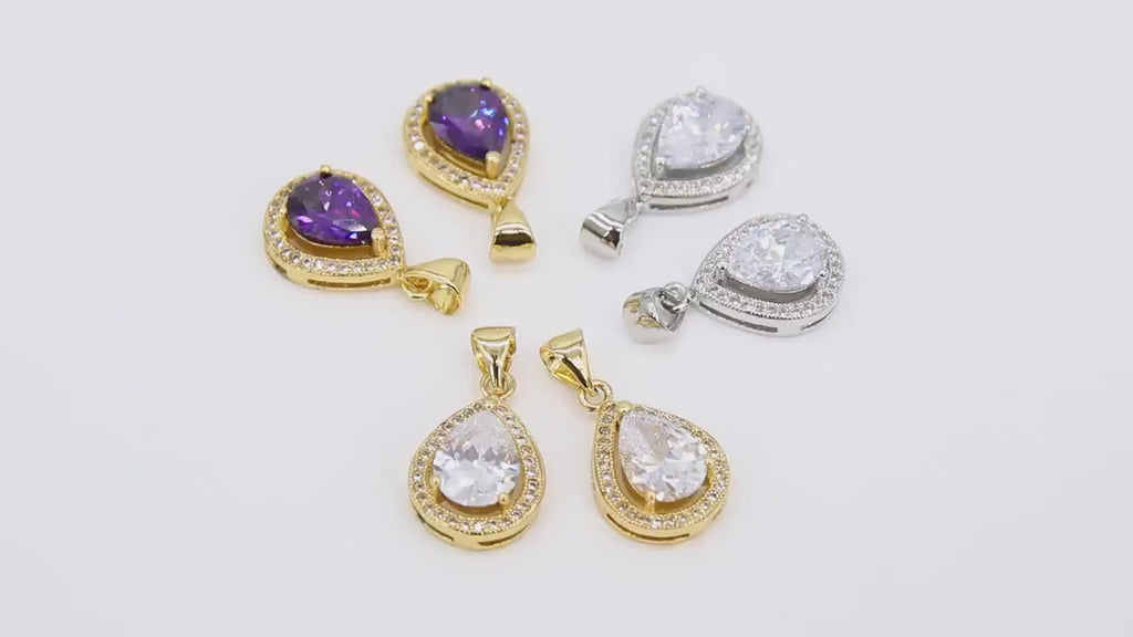 CZ Teardrop Pendants, Clear or Amethyst Drop Bezels # 2724, Silver Gemstone Pear Shape Pendants