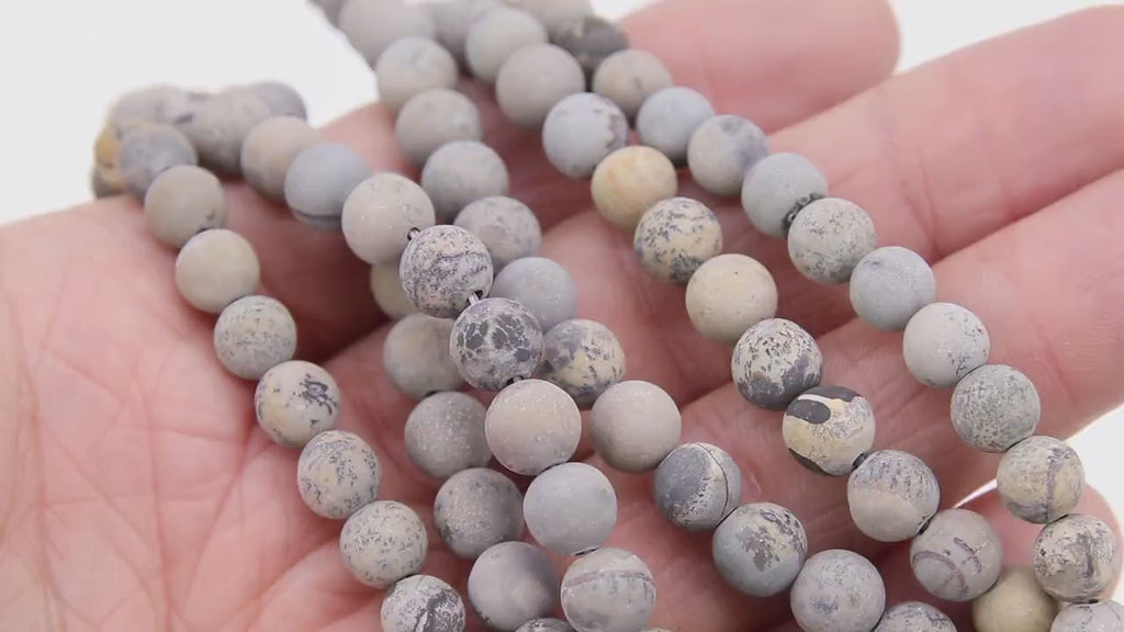 Frosted Dendritic Jasper Beads, Smooth Round Matte Gray to Creamy Beige Stone Beads BS #195, High Quality 8 mm 15.3 inch Strands