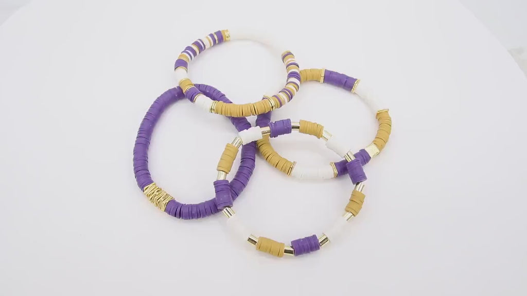 LSU Heishi Beaded Bracelet, 6 mm Purple White Gold Stretchy Bracelet #795, Square Heishi Tigers Mom Team Spirit Clay Beaded Bangles