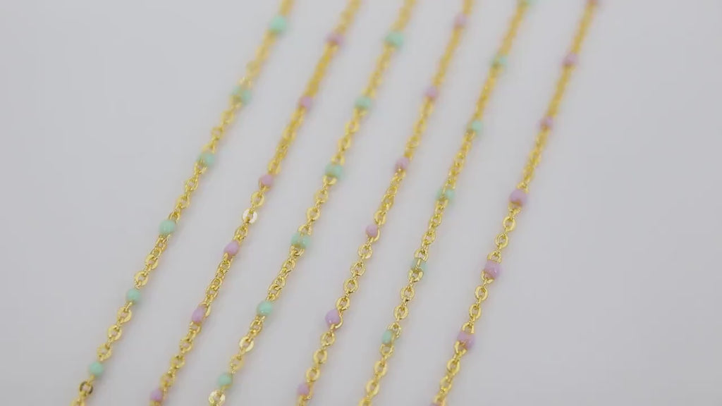 Dainty Gold Beaded Satellite Enamel Chain, Soft Pink Jewelry Chain CH #619,  Soft Mint Green Beaded Chain