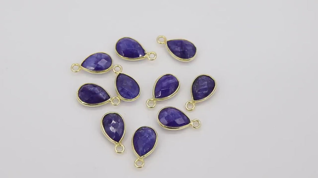 Sapphire Teardrop Charms, Gold Plated Oval Blue Gemstones #2849, Sterling Silver Birthstone Pendants