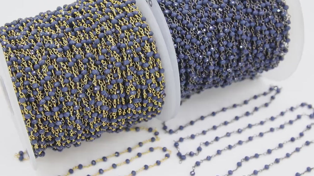 Sapphire Blue Crystal  Chain, 4 mm Unfinished Navy Beaded Chain CH #425, Gold or Gunmetal Black Plated Wire Wrapped