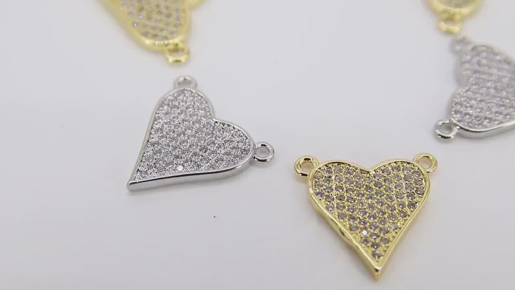 Gold CZ Heart Connectors, Silver Cubic Zirconia Heart Charms #560, Small CZ Heart Jewelry 2 Loop Charms