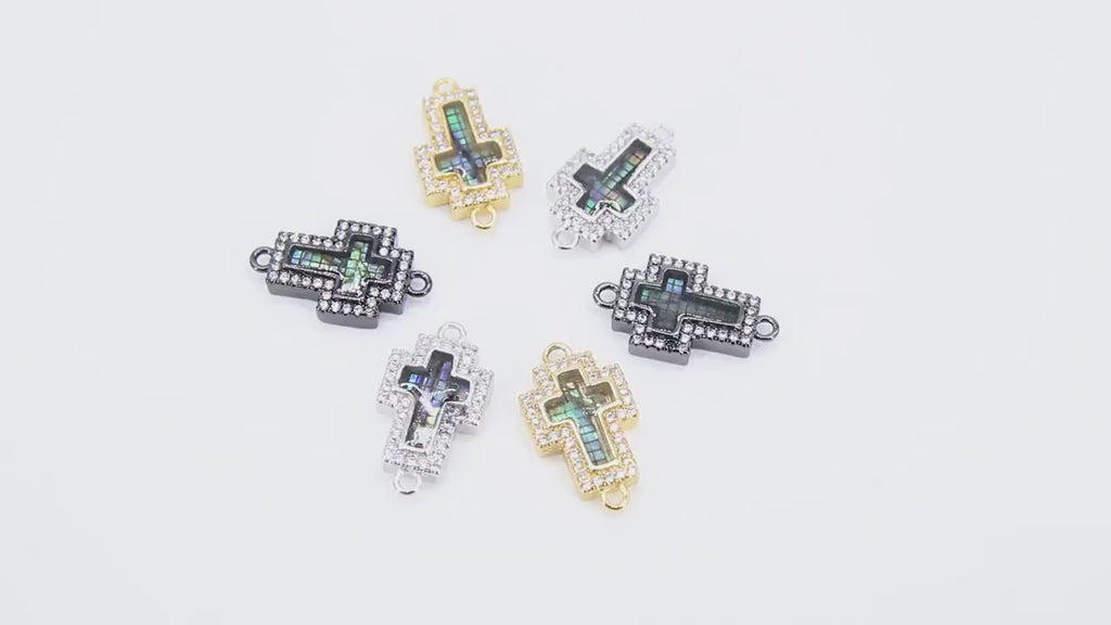 CZ Pave Cross Shell Connector, Cross Black Shell Links #389, 10 x 18 mm Gold Silver Abalone