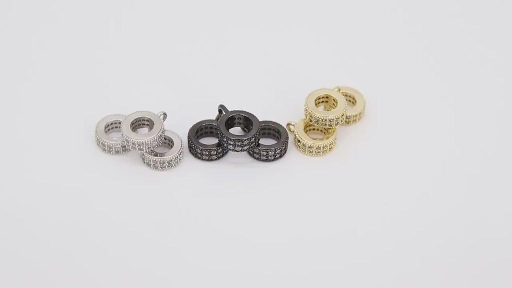 Gold Pave CZ Charm Connector Rings, Silver 2 Row CZS Big Hole Rings #69, Black or Rose Gold Large Hole Circle Beads