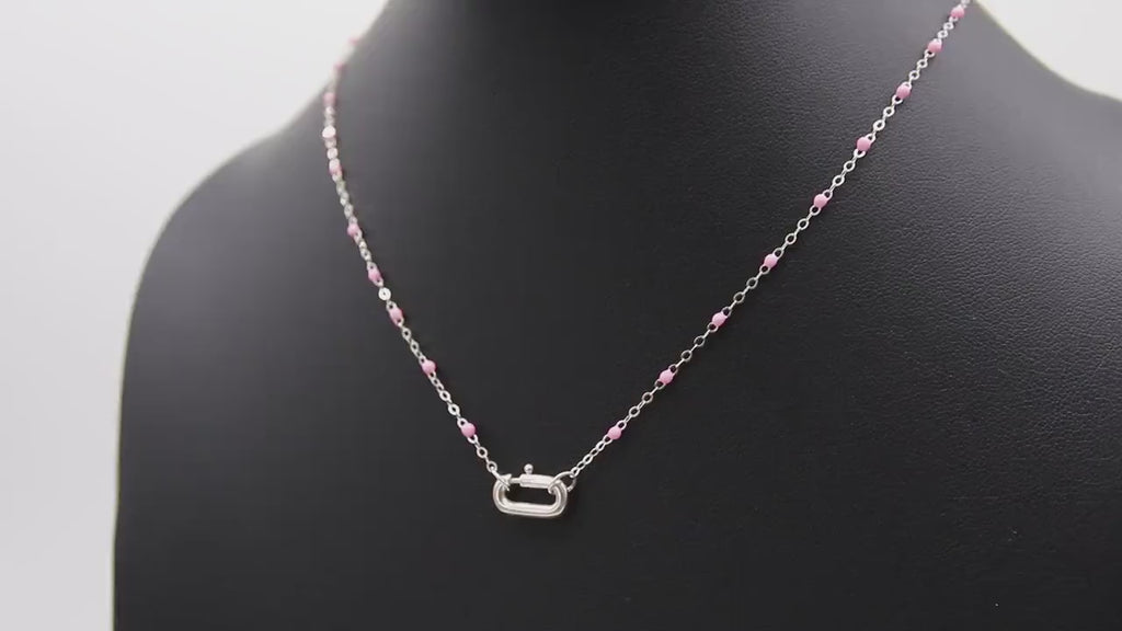 925 Sterling Silver Enamel Satellite Chain Necklace, Silver Beaded Dainty Choker, Front Charm Clasp Choker