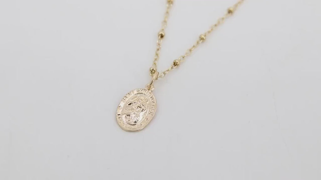 St. Christopher Necklace, 14 K Gold Filled Medallion Beaded Satellite Chain Choker, Religious Traveler's Protection