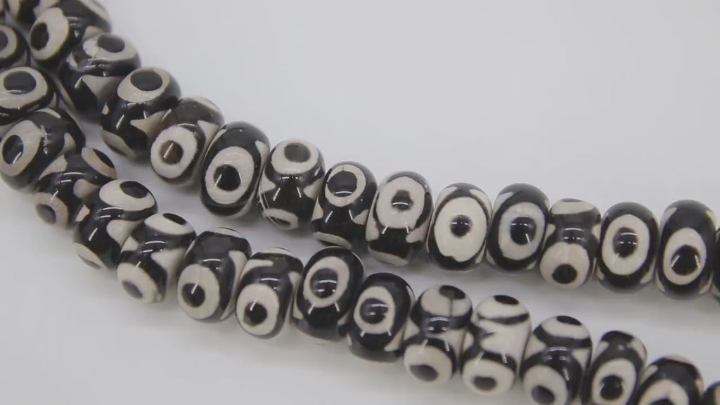 Tibetan DZI Rondelle Agate Beads, Large Round Flat Black and Creamy White Boho Beads BS #64, Size 7~8 x 11~12.5 mm