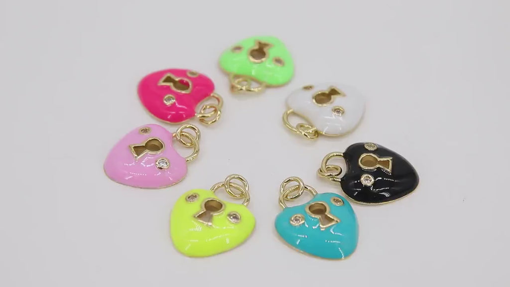 CZ Micro Pave Lock and Key Charms, Gold Enamel Heart Charms #2779, Keyhole Hearts Jewelry