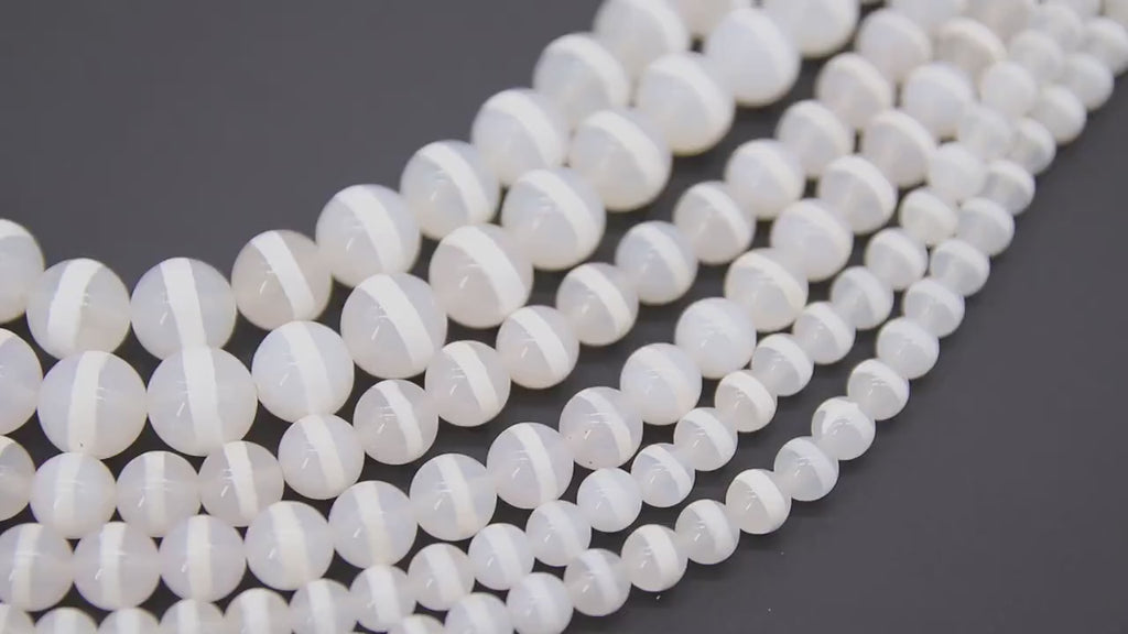 DZI White Stripe Beads, Natural Tibetian Smooth Round Band Beads BS #35, sizes 6 mm 8 mm or 10 mm 15 inch Strands