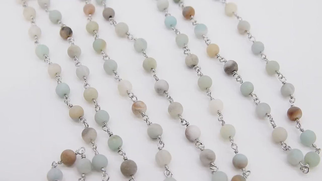Matte Amazonite  Chain, 6 mm Silver Wire Wrapped CH #537, Frosted Beaded Chain