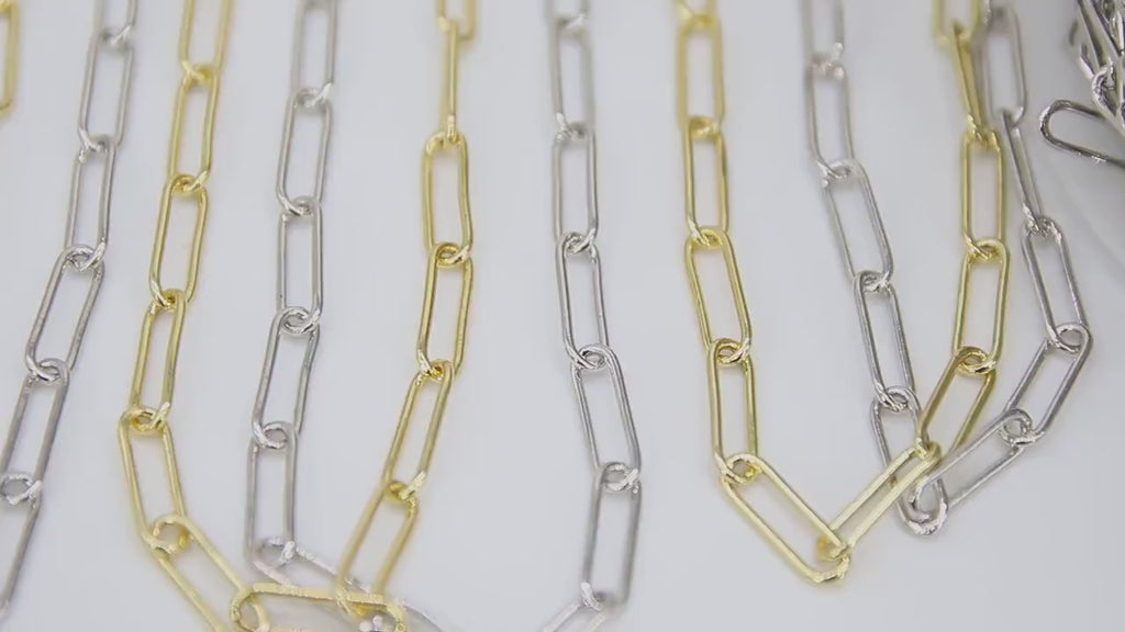 Paper Clip Chain, Unfinished Gold Soldered Chains CH #120, 14 mm Silver Rectangle Drawn Bracelet