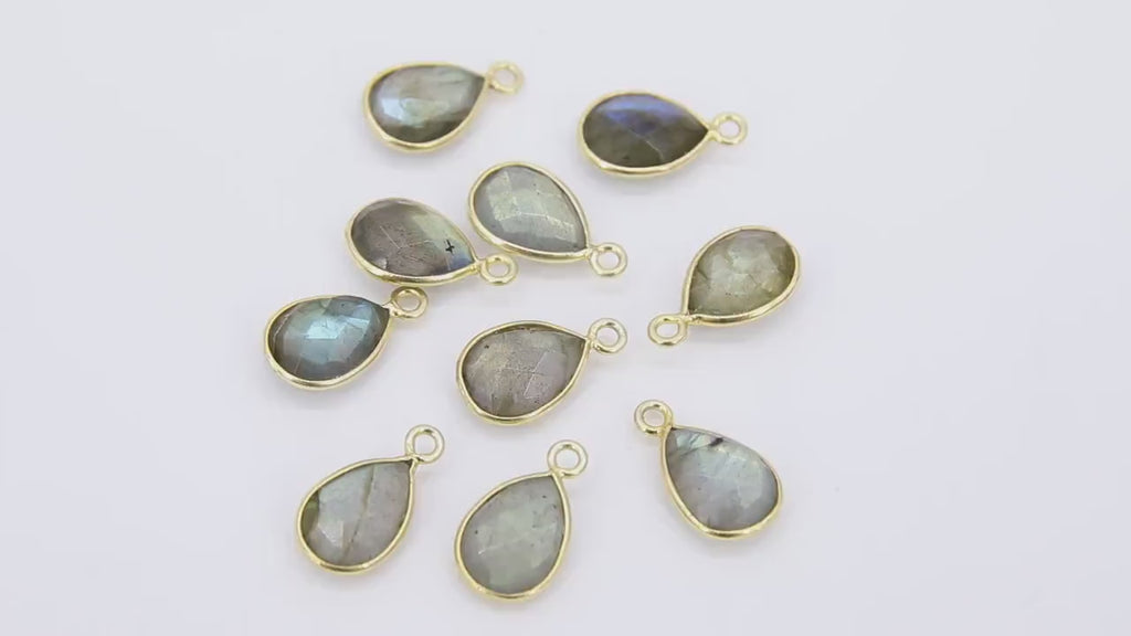 Labradorite Teardrop Charms, Gold Plated Oval Flash Gemstones #2856, Sterling Silver Gray Pendants