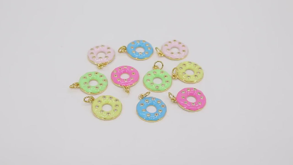 Enamel Round Disc Charm, CZ Pave Aqua Blue and Gold #2668, 14 mm Donut Holes Pink Green or Yellow