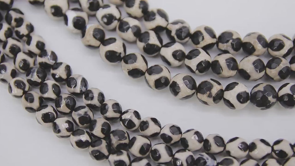 Tibetan Natural Faceted Agate Beads, DZI Agate Black and Beige White Color Beads BS #65, sizes 6 mm 8 mm or 10 mm 15 inch FULL Strands