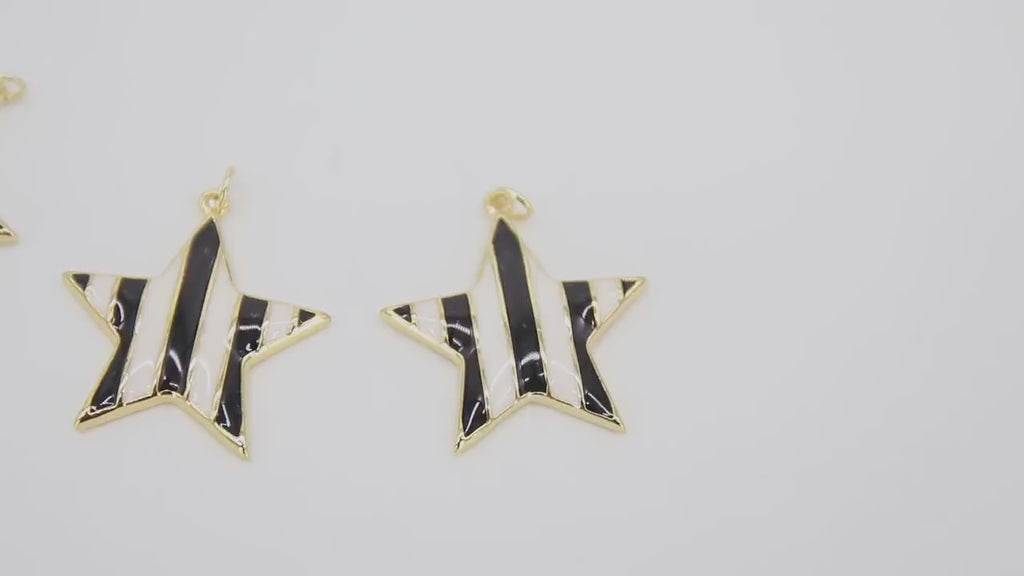 Star Black and White Stripes Charm, Large Gold Starburst in White and Black Enamel #131, Stars 25 x 27 mm Jewelry
