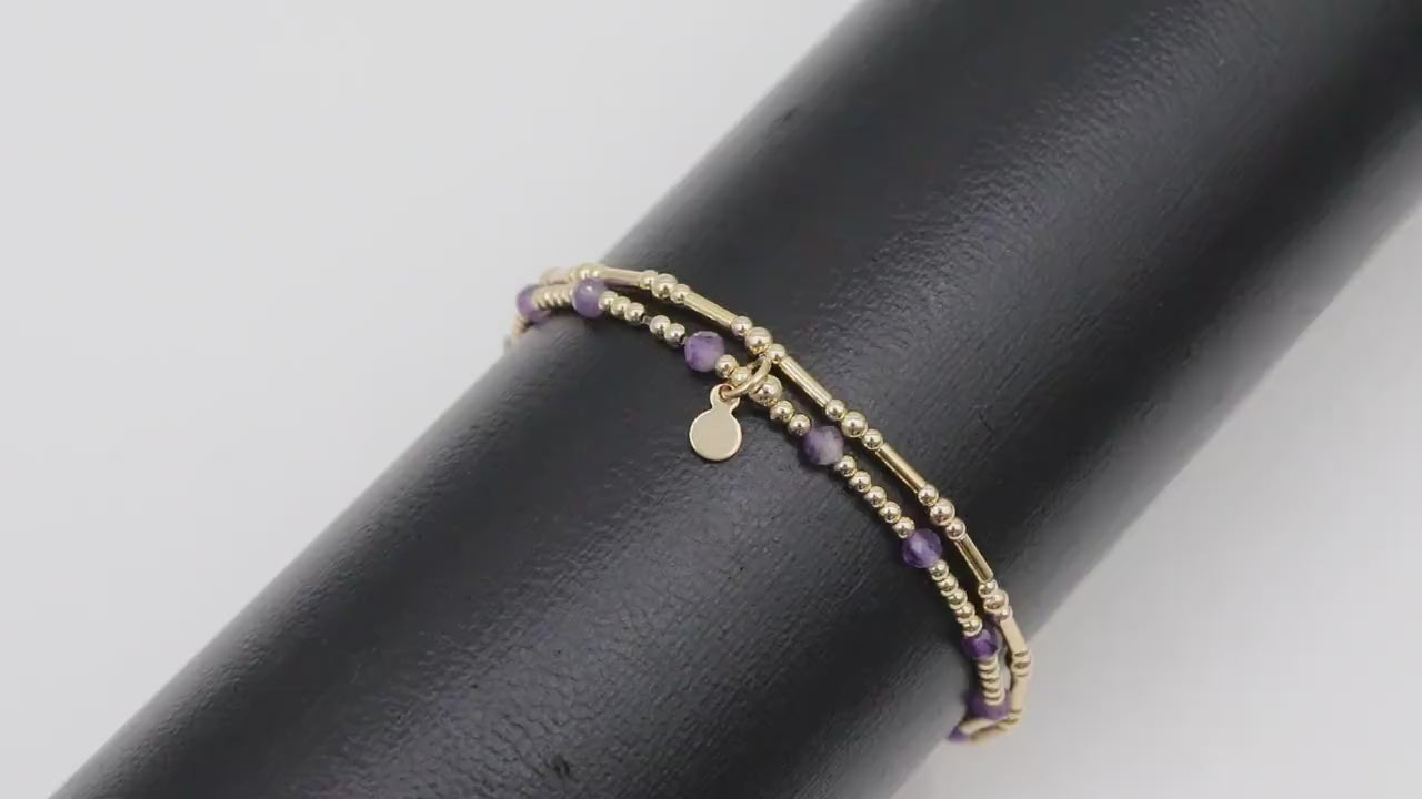 14 K Gold Filled Beaded Amethyst Stretchy Bracelet, Dainty Tube Purple Gemstone Stacking Bracelet, Handmade February Birthstone Bracelet