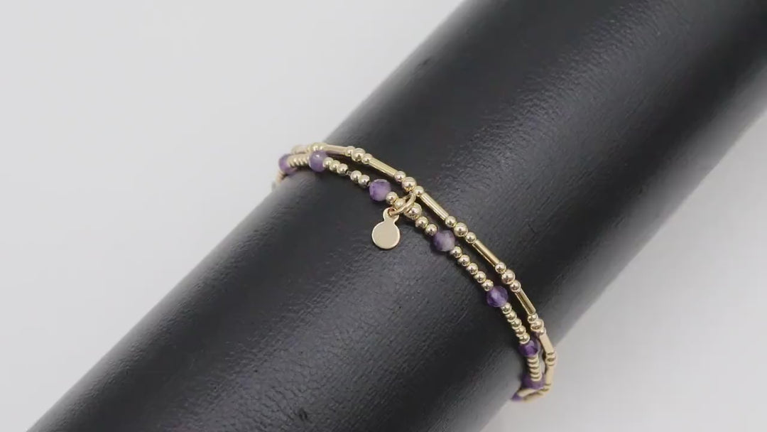 14 K Gold Filled Beaded Amethyst Stretchy Bracelet, Dainty Tube Purple Gemstone Stacking Bracelet, Handmade February Birthstone Bracelet