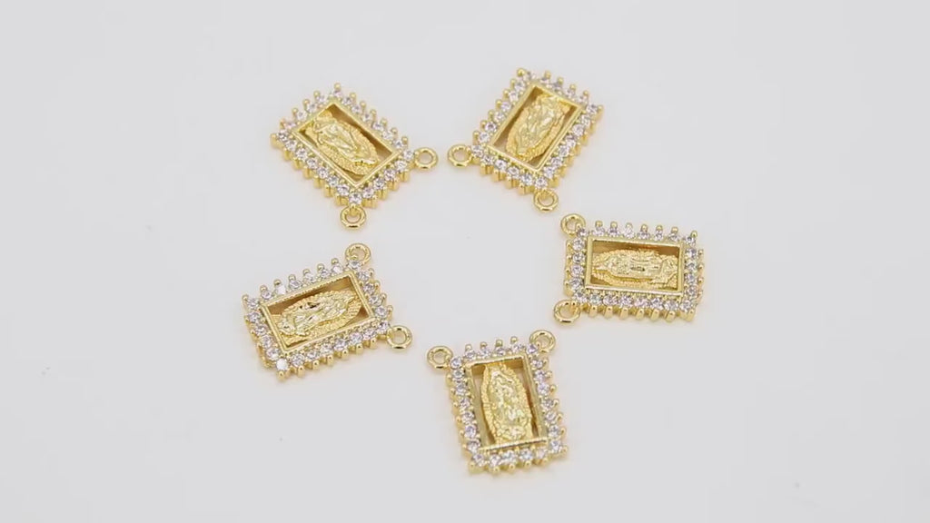 CZ Pave Gold Scapular Charms, Mini Rectangle Virgin Mary Pendants # 643, Jesus Connectors