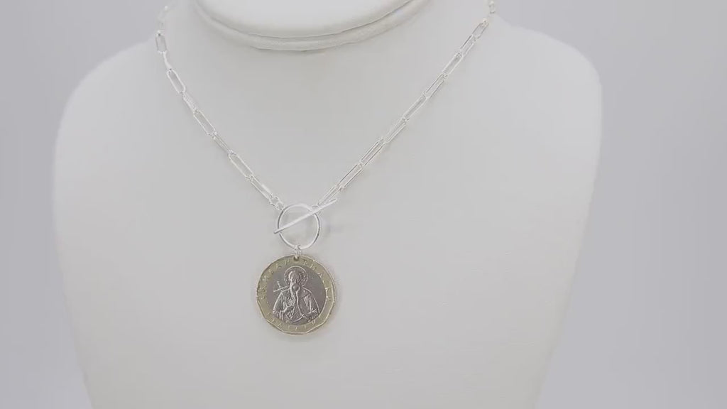 Silver Coin Jesus Holy Cross Necklace, 925 Sterling Silver Medallion Toggle Wrap Necklace, Rectangle Chain