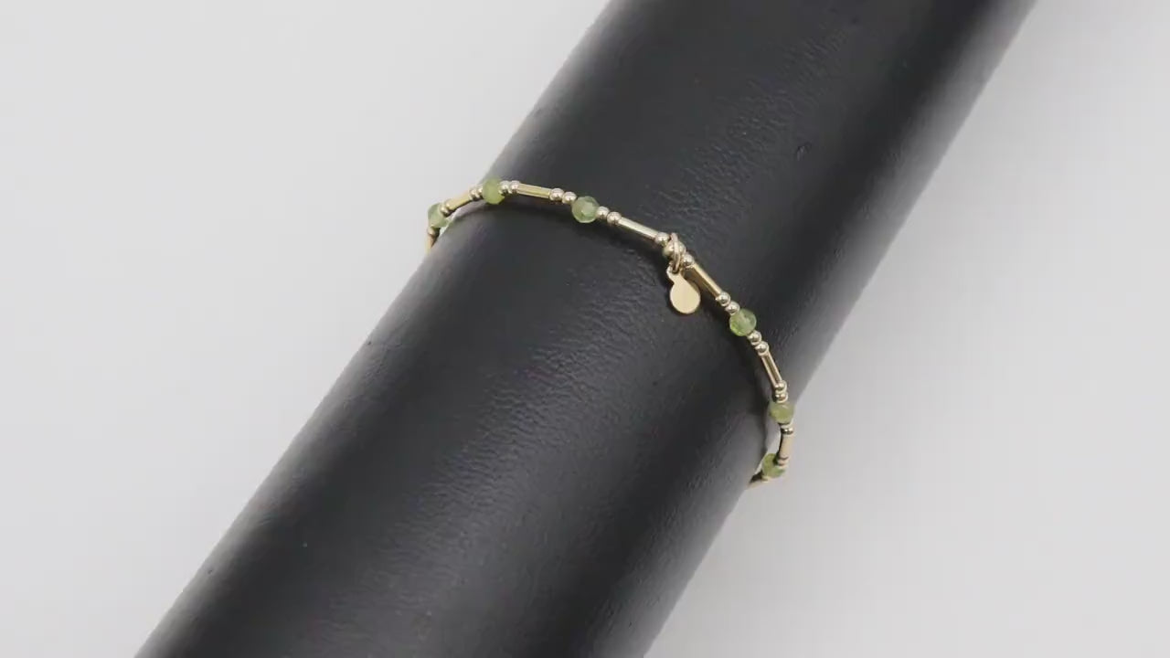 14 K Gold Filled Beaded Peridot Stretchy Bracelet, Dainty Tube Stacking Bracelet, Handmade Green Gemstone Bracelet