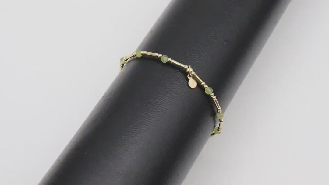 14 K Gold Filled Beaded Peridot Stretchy Bracelet, Dainty Tube Stacking Bracelet, Handmade Green Gemstone Bracelet