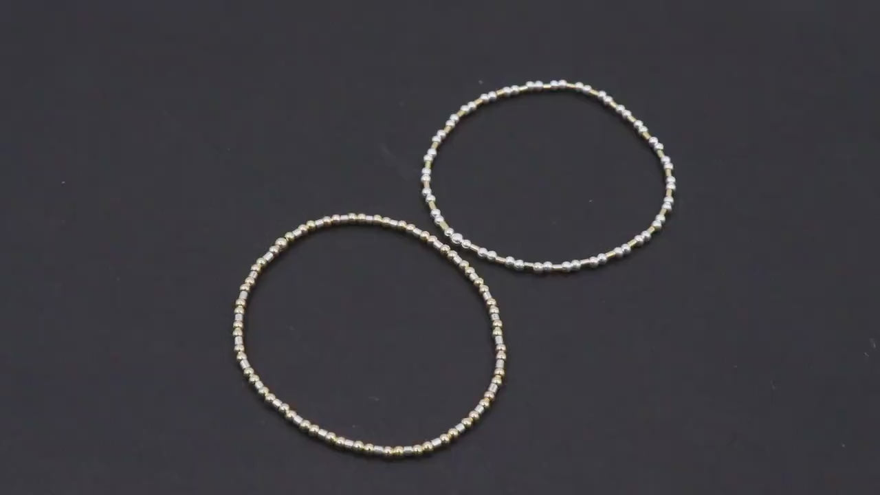 14 K Gold Filled Beaded Stretchy Bracelet, 925 Sterling Silver Mixed Metal Short Tube Bar Stacking Bracelets, Handmade To Order