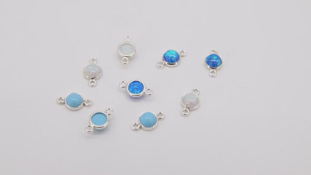 925 Sterling Silver Solitaire Connectors, 4 mm White Opal Links #2338, CZ Style Silver Blue Opal