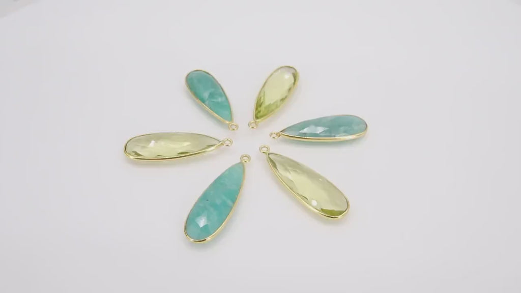 Long Teardrop Amazonite Gold Charms, Citrine Oval Elongated Gemstone Charms #3436, Gold Plated Over Sterling Silver