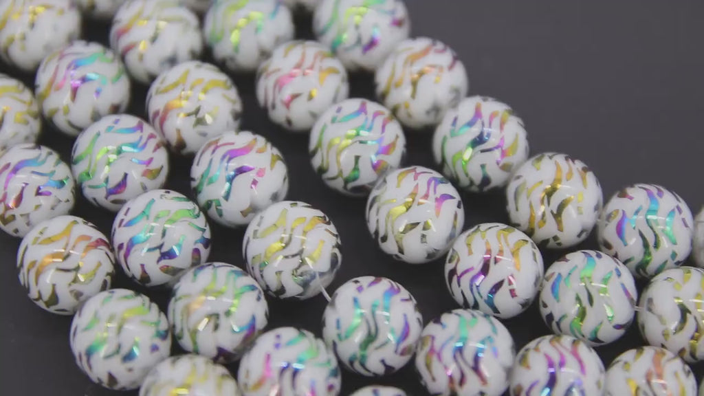 Gold and White Beads, Shimmery Smooth Purple Green Mardi Gras Tiger Stripe Rainbow Beads BS #46, sizes 10 mm 11 inch Strands