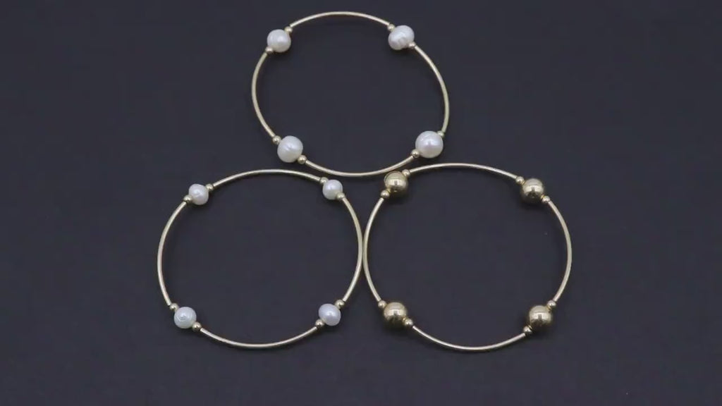14K Gold Filled Pearl Beaded Bracelet, Handmade Stacking Tube Stretchy Bangle, 8 mm 6 mm Freshwater Pearl Bracelet