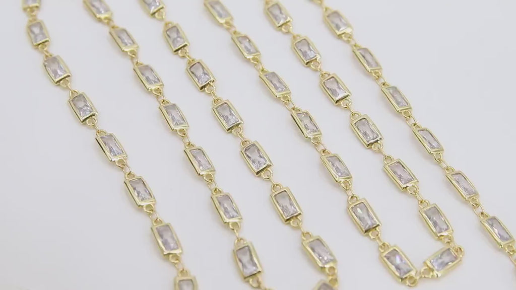 Genuine Cubic Zircon Chains, 4 x 11 mm Rectangle Bezel CH #550, Gold Plated CZ Connector Chain