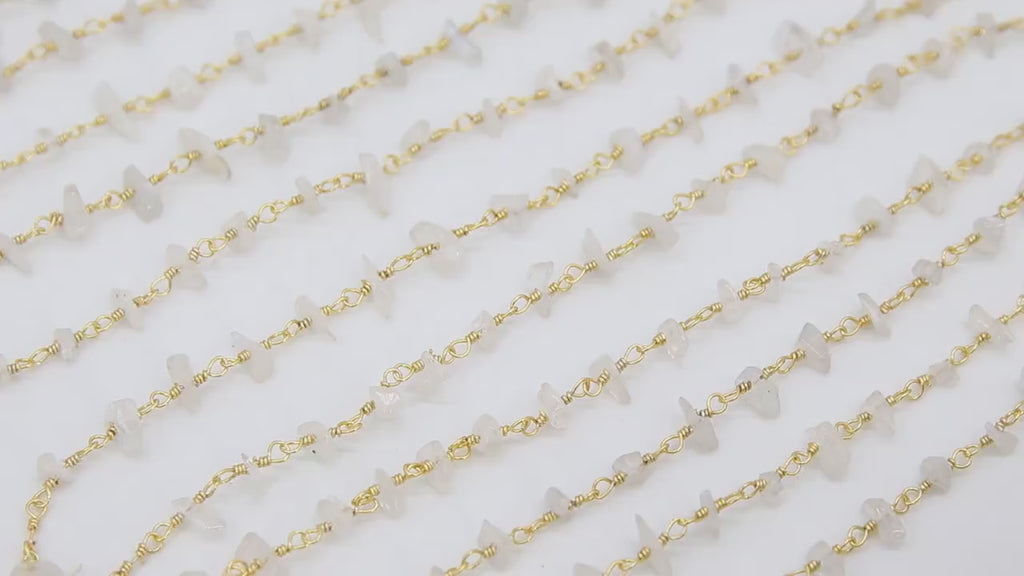 Natural Moonstone Rosary Nugget Chain, 4 mm Beaded Chips CH #347, Gold Wire Wrapped Rosary Chain