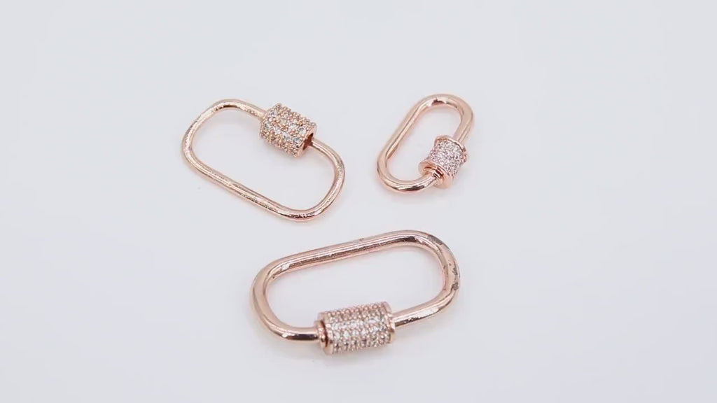 Gold Carabiner Screw Lock, CZ Oval Clasps in Silver Bracelet Findings #2302, Small