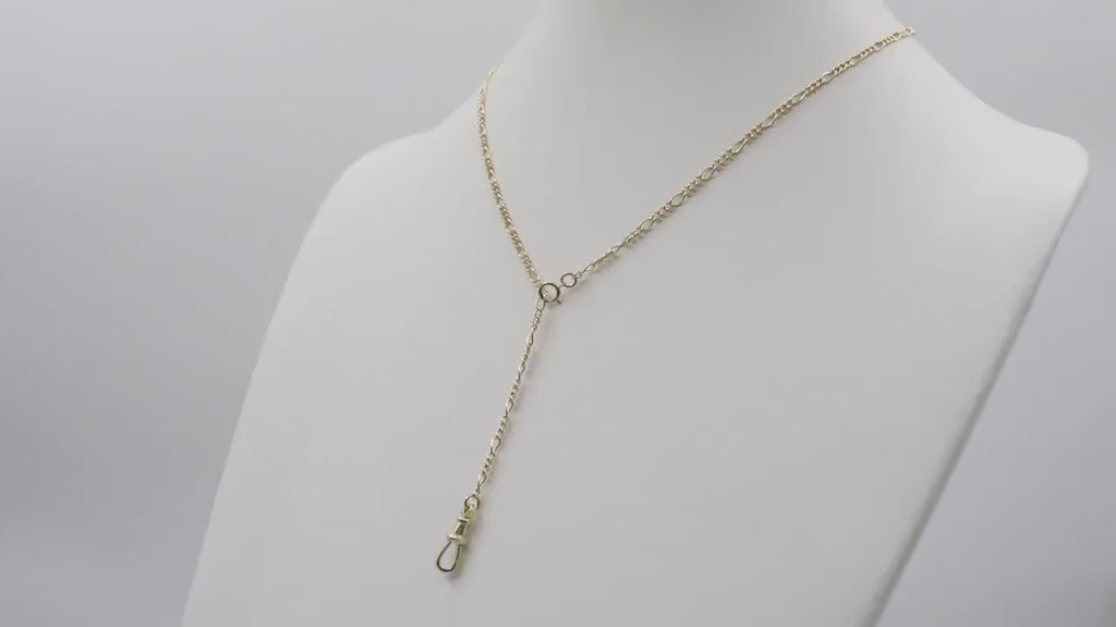 14 K Gold Filled Swivel Fob Bar Necklace, 925 Sterling Silver Figaro Chain Adjustable Lariat Choker, Double Clasp Charm Necklace