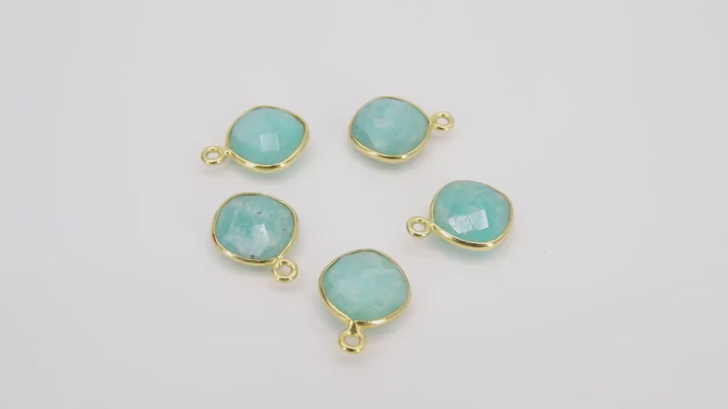 Gold Diamond Square Charms, Blue Amazonite Gemstone Charms #3435, Gold Over 925 Sterling Silver Charms