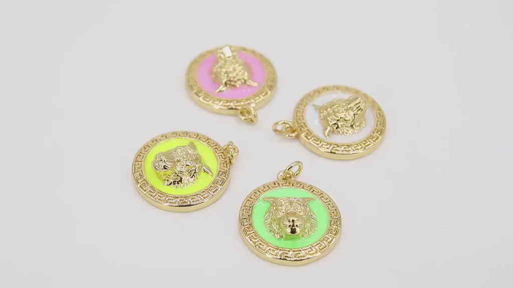 Enamel Tiger Head Charm, White and Gold Lion Head #2667, Round Disc Pink Green or Yellow