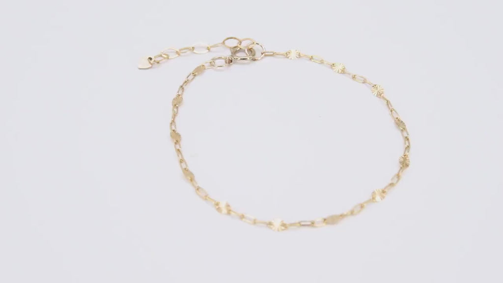 14 K Gold Filled Paperclip Chain Bracelet, Adjustable Starburst Sequin Bar Chain Link Bracelet, Stamped 14/20