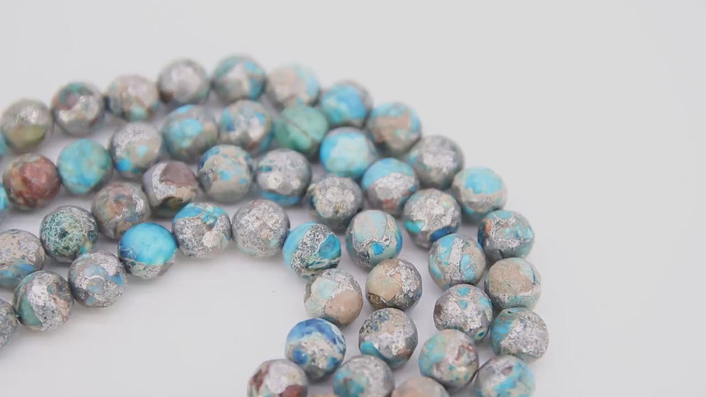 Natural Imperial Ocean Blue Jasper Beads,  Round Marbleized Silver Aqua and Gray Beads BS #3, size 8 mm 14.6 in FULL Strand