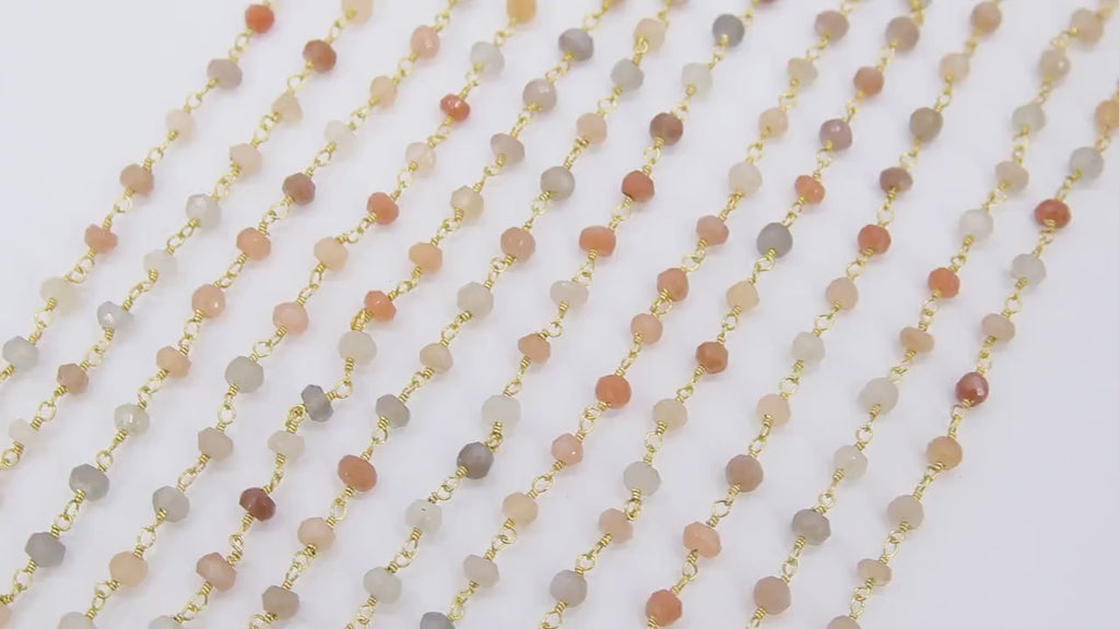 Multi Moonstone  Chain, Unfinished 4 mm Beaded Beige CH #529, Gray Ivory Gold Wire Wrapped Chains
