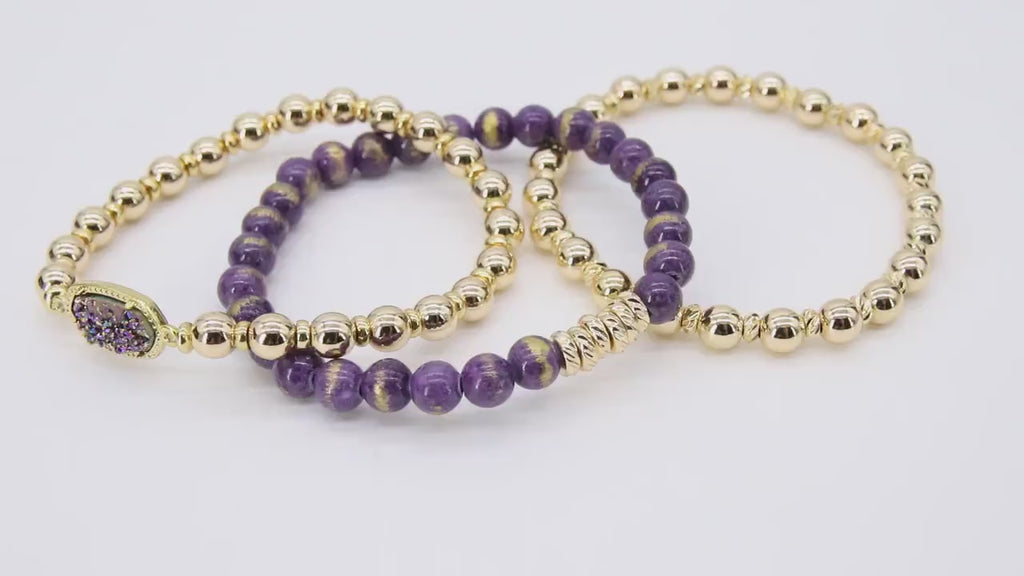 LSU Heishi Beaded Bracelet, 6 mm Purple Druzy Gold Stretchy Bracelet # 795, Rondelle Heishi Tigers Charm Bracelet