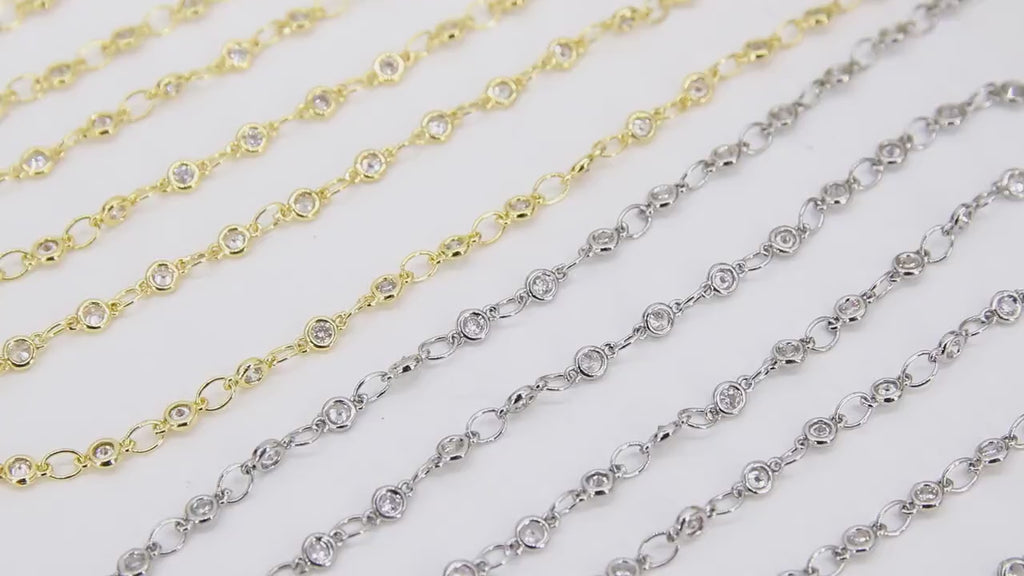 3mm Gold CZ Chain By The Yard, Silver Genuine Cubic Zirconia Chain CH #560, By The Foot