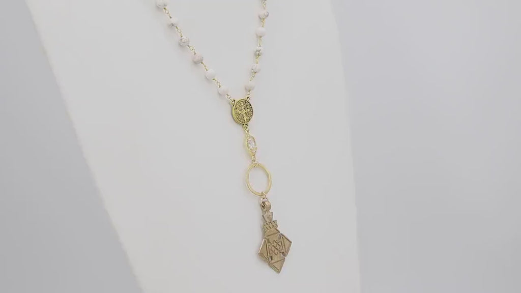 Brass Coptic Cross Necklace, White Turquoise Long Necklace, St. Benedict Religious Necklace