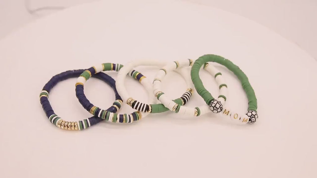 Soccer Mom Heishi Beaded Bracelet, 6 mm Green White Navy Gold Stretchy Bracelet, Flat Heishi Team Spirit Clay Beaded Bangles