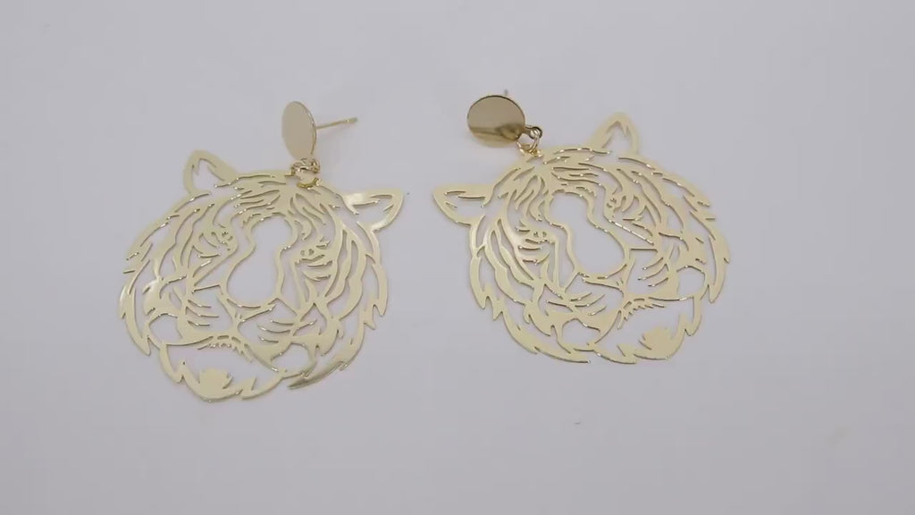 Gold Tiger Head Earrings, Round 10 mm Gold Stud Earrings AG #2402, LSU Gameday Jewelry