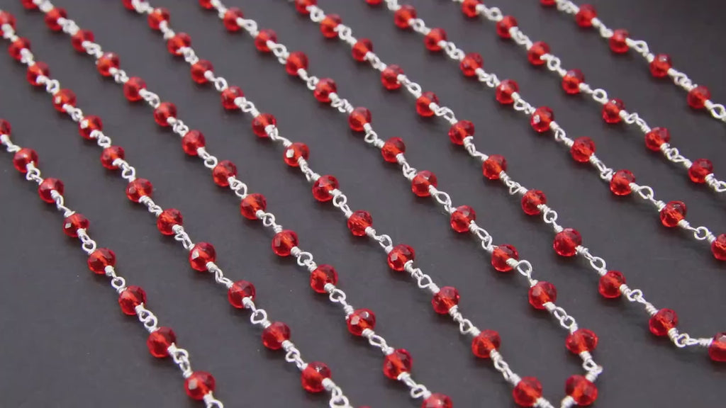 Ruby Red Rosary Silver Chain, Black Wire Wrapped 4 mm Faceted Beaded Red Chains CH #620, Gold Jewelry Rosary Roll